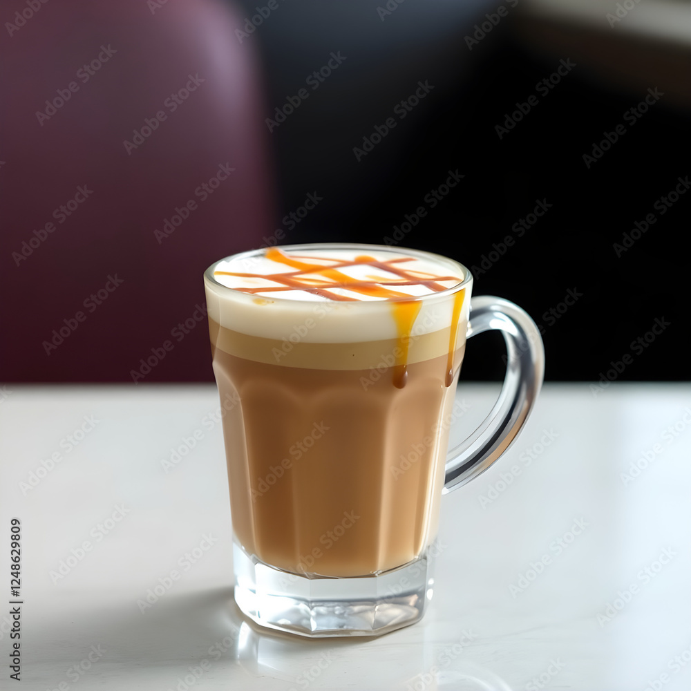 A frothy macchiato with a caramel drizzle on top, served in a small transparent glass A frothy macchiato with a caramel drizzle on top, served in a small transparent glass
