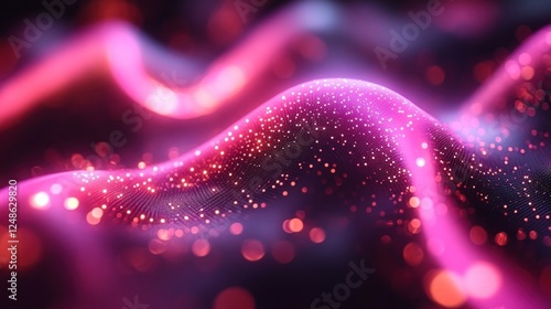 Abstract pink and purple glowing wave with particles.
