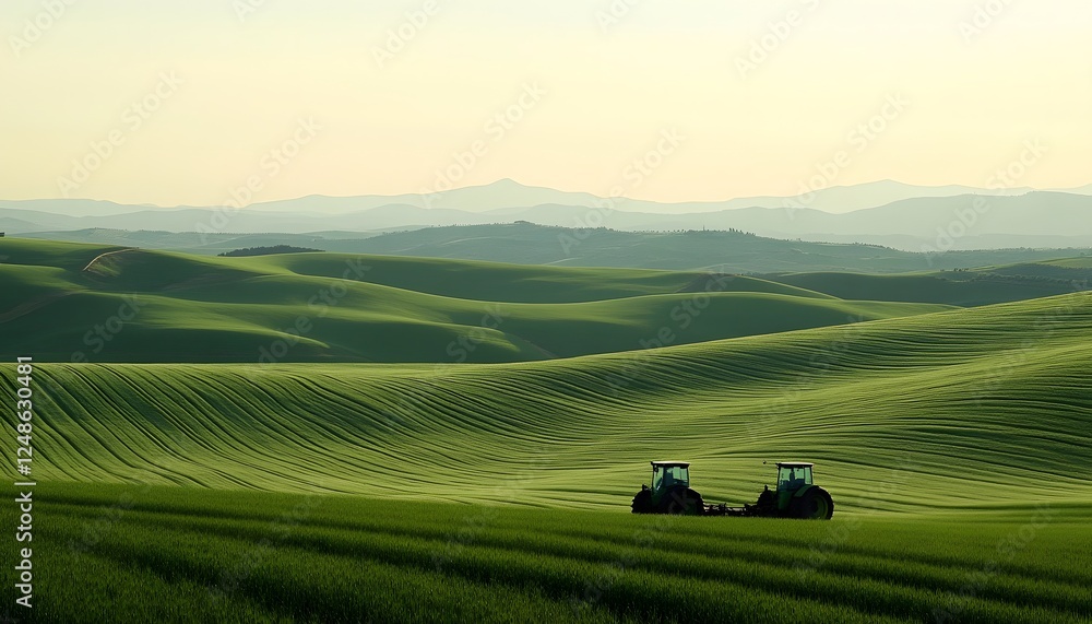 Two tractors work the verdant rolling hills of a farmland Two tractors work the verdant rolling hills of a farmland