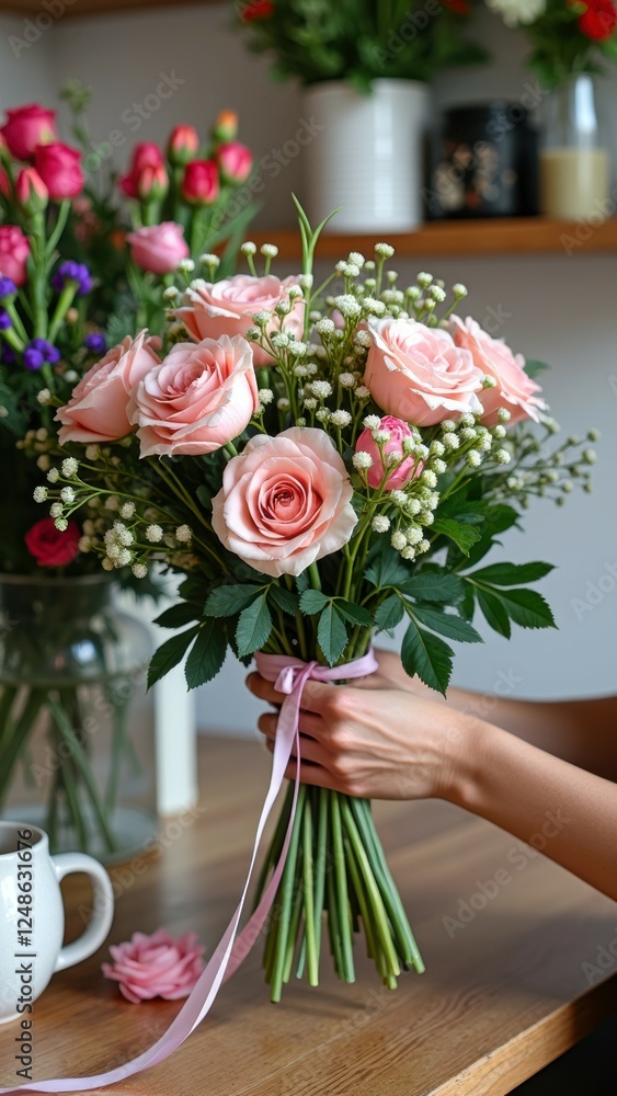 Obraz premium Beautiful pink rose bouquet with baby's breath on wooden table