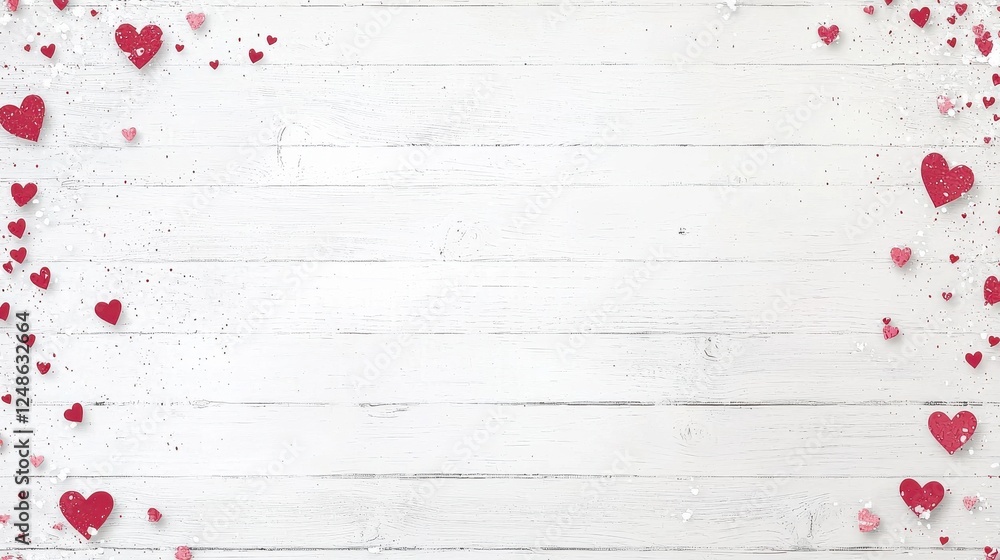 Romantic Background with Red Hearts on Rustic Wooden Planks Romantic Background with Red Hearts on Rustic Wooden Planks