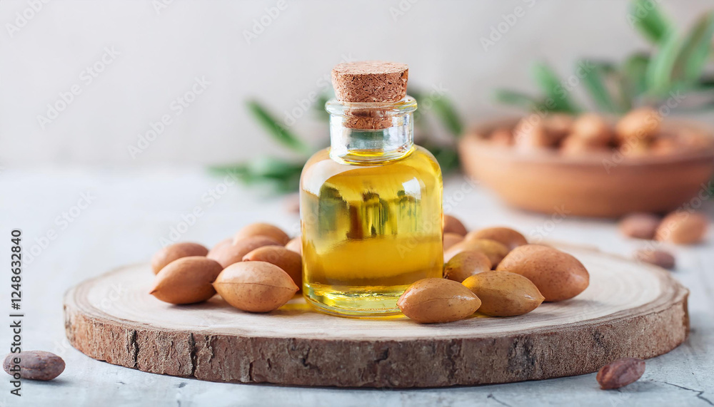 Obraz premium Small glass bottle with argan oil. Organic product for skin and hair. Natural cosmetic.