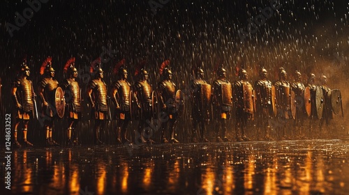 Warriors lined up in formation under rain during a historically inspired battle reenactment event at dusk photo