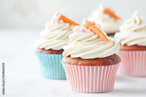 Carrot cupcakes with creamy frosting and decorative toppings