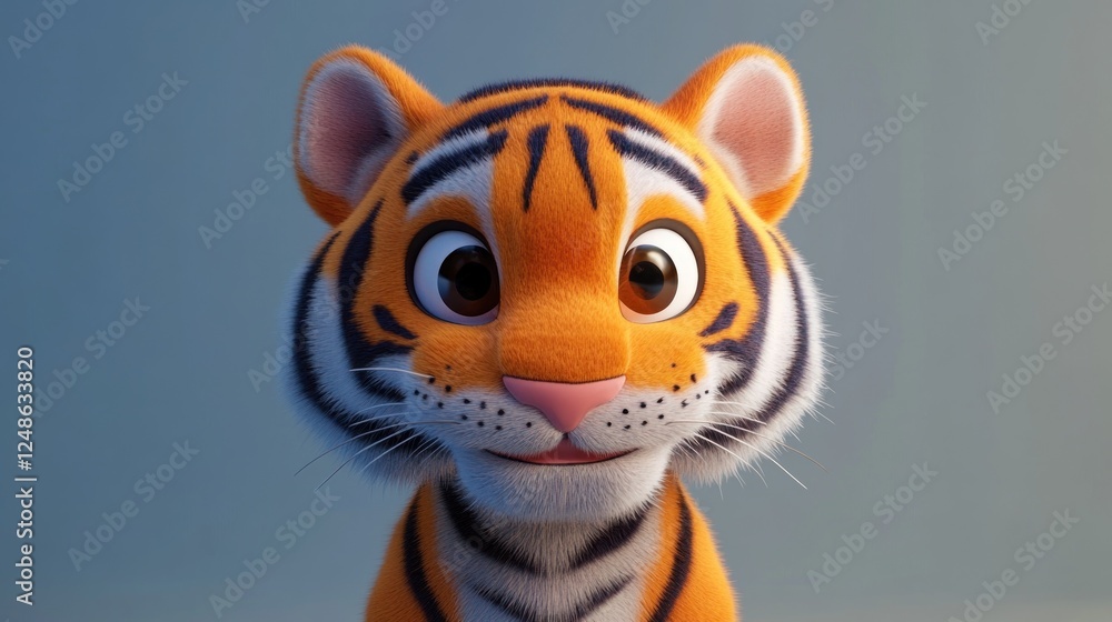 Obraz premium Cute cartoon tiger cub, close-up portrait, soft background, children's book illustration