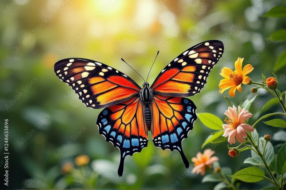 Fototapeta premium Vibrant orange and blue butterfly in lush garden with flowers
