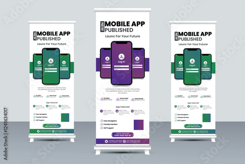 Mobile app promotion roll-up banner, smartphone application business pull-up banner, or x-banner print template