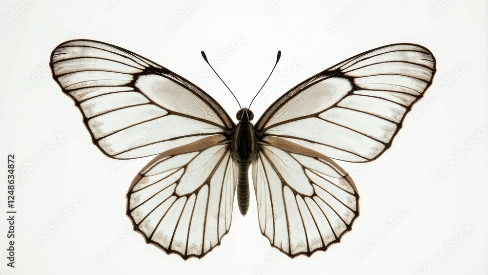 Fototapeta premium Detailed black and white butterfly with transparent wings on light background