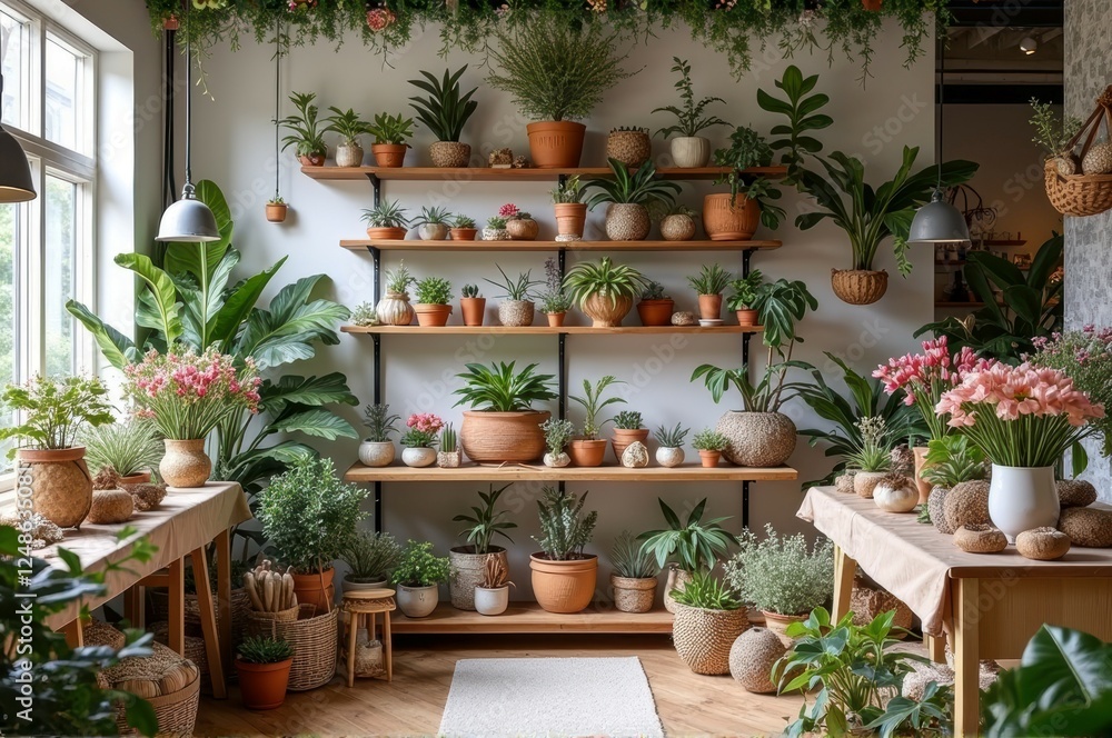 Lush green indoor garden with various potted plants on wooden shelves