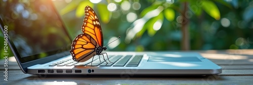 Monarch butterfly resting on laptop keyboard in sunlit outdoor setting