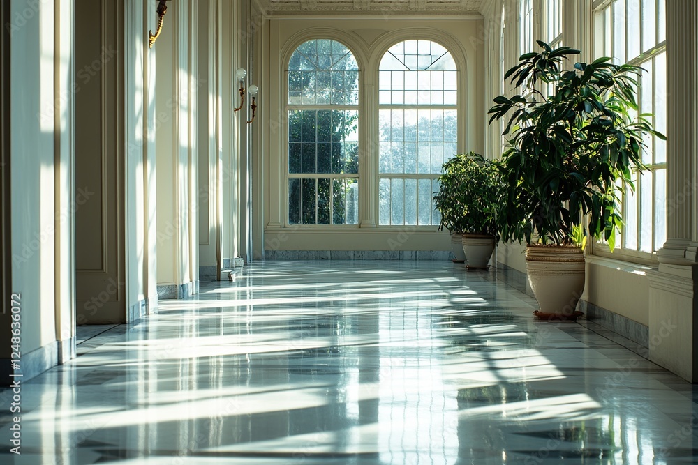 Fototapeta premium Sunlit Marble Hallway with Plants and Large Windows: Architectural Beauty in Sunlight