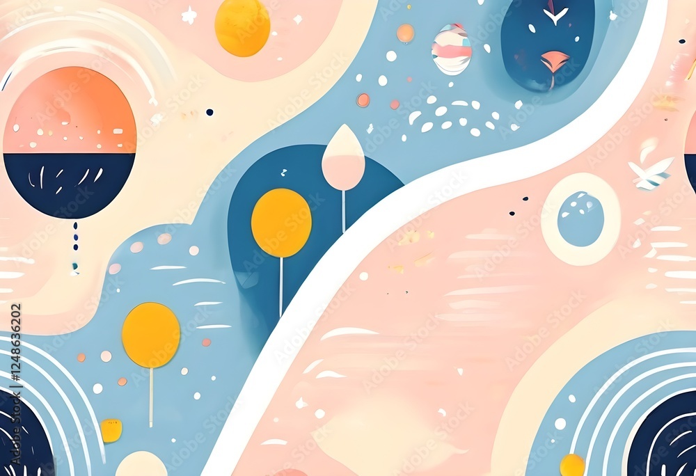 abstract illustration of seamless pattern of whimsical hand-drawn shapes and icons in soft pastel hues abstract illustration of seamless pattern of whimsical hand-drawn shapes and icons in soft pastel hues