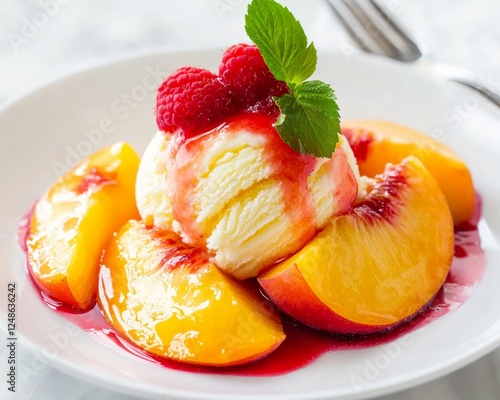 Juicy peaches, delicately poached in sugar syrup, served atop a scoop of creamy vanilla ice cream with a tangy raspberry coulis.