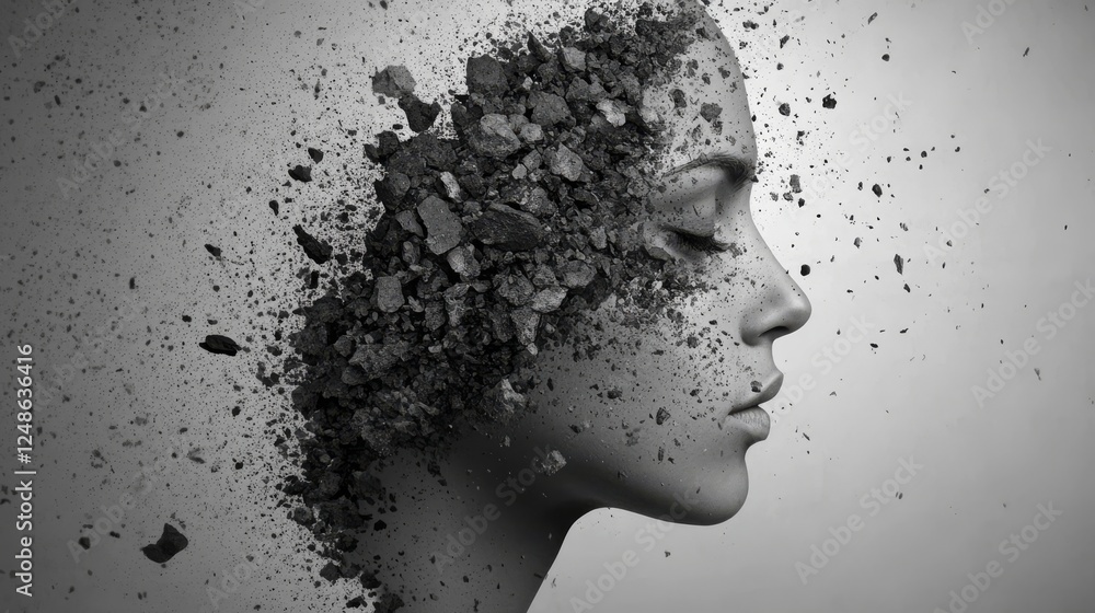 Artistic representation of a woman's face dissolving into fragments in a creative black and white design Artistic representation of a woman's face dissolving into fragments in a creative black and white design