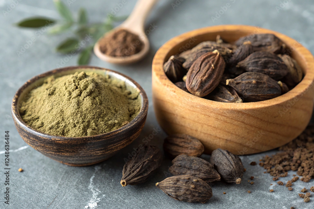Black cardamom pods and powder in a small container Black cardamom pods and powder in a small container