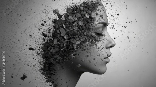 Artistic representation of a woman's face dissolving into fragments in a creative black and white design