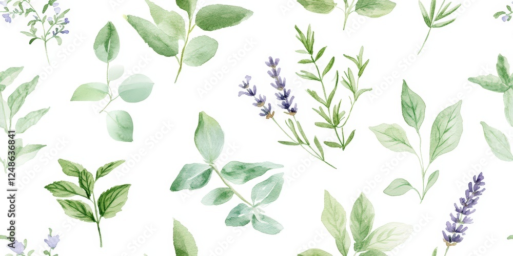 Beautiful Watercolor Seamless Pattern Featuring Various Fresh Herbs, Including Basil, Sage, Lavender, and More on a White Background Beautiful Watercolor Seamless Pattern Featuring Various Fresh Herbs, Including Basil, Sage, Lavender, and More on a White Background