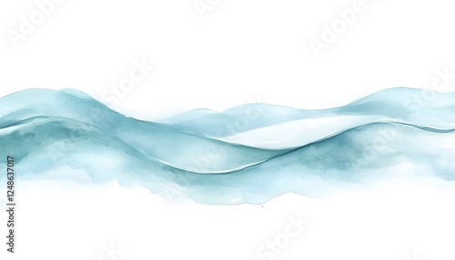 Watercolor painting depicts gentle waves of water in various shades