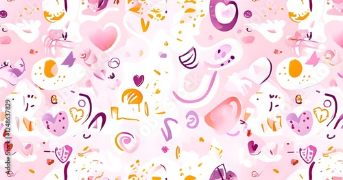 abstract illustration of seamless pattern of whimsical hand-drawn shapes and icons in soft pastel hues