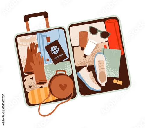 Travel suitcase with packed clothing, accessories. Travel luggage and essential items. Packing checklists. Flat vector illustration.