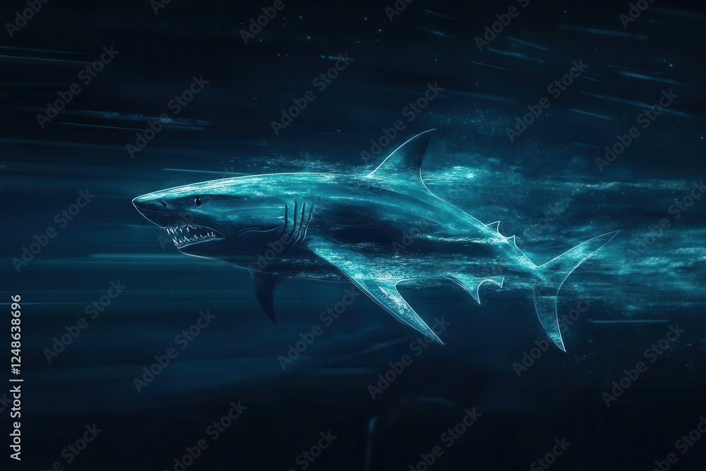 Fototapeta premium dynamic minimalist shark emblem with aggressive angular lines, deep ocean blues creating sense of power and motion