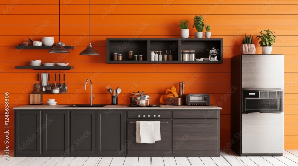 Fototapeta premium Orange Kitchen with Dark Cabinets: Modern Design Ideas and Inspiration