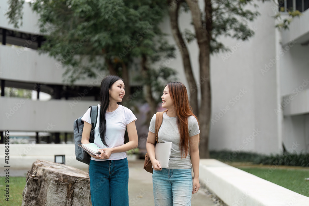 Obraz premium Diverse female students walking and chatting together on university campus.