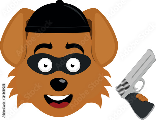 vector illustration emoji character face dog cartoon, with a hat, a thief mask and a gun in his hand