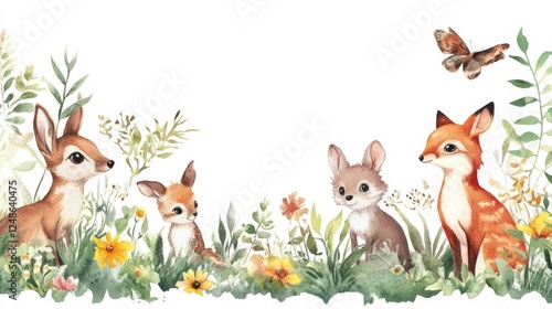 Colorful forest animals gather around blooming flowers in a serene natural setting