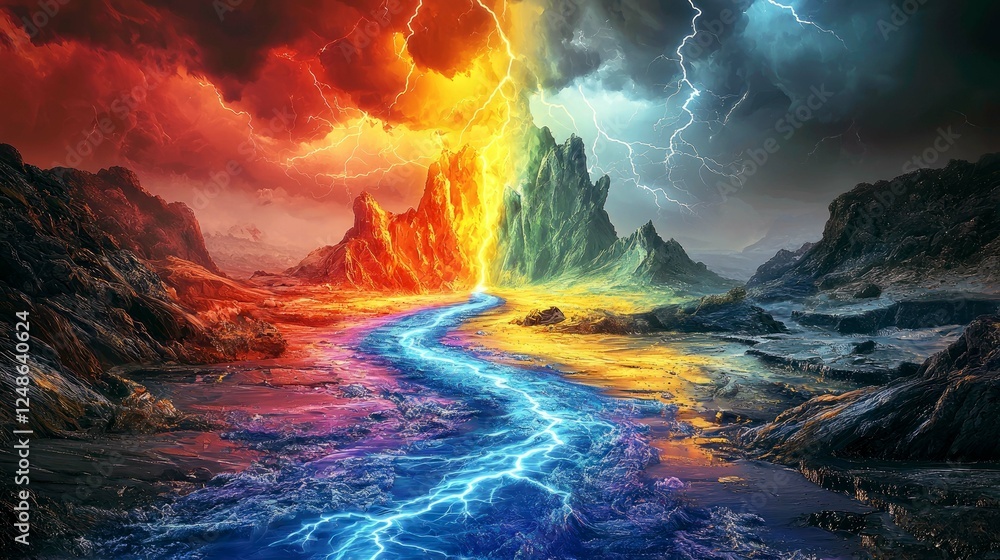 Fototapeta premium Clash of Elements: A Dramatic Fantasy Landscape with Vibrant Colors and Epic Storm
