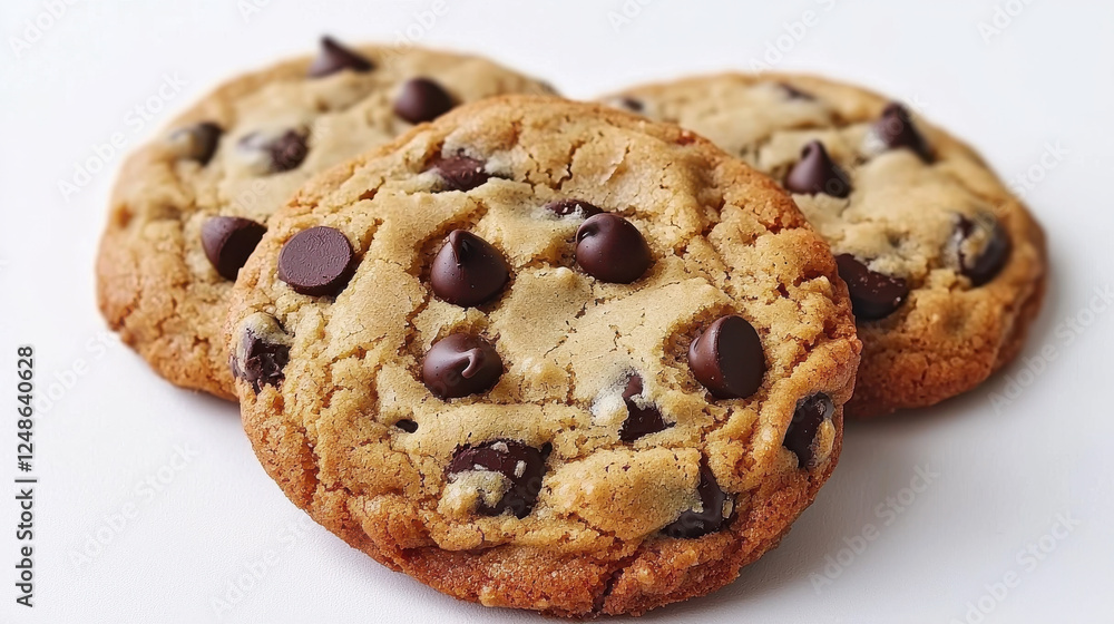 Three delicious chocolate chip cookies on white background Three delicious chocolate chip cookies on white background