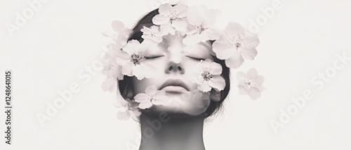 a woman's face surrounded by white flowers in a minimalist artistic style.