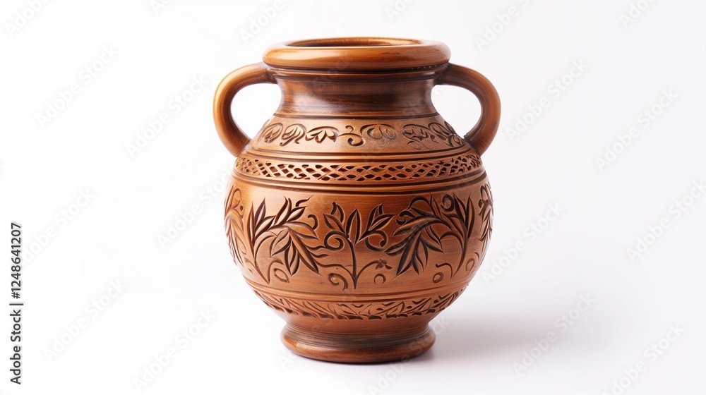 A decorative handmade clay vase with intricate etchings, displayed as the focal point on white. A decorative handmade clay vase with intricate etchings, displayed as the focal point on white.