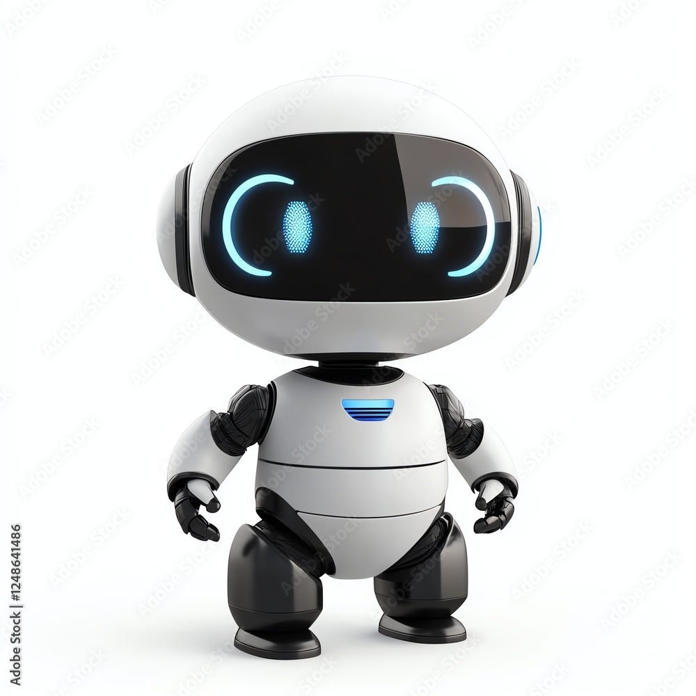 Cute robot character with glowing eyes, white isolated background Cute robot character with glowing eyes, white isolated background