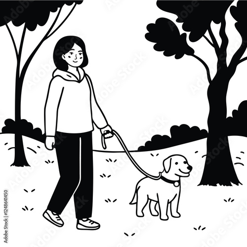 A young woman walks her dog in the park, enjoying a daily routine. The peaceful moment reflects relaxation, nature, and companionship. A black-and-white vector lifestyle illustration.