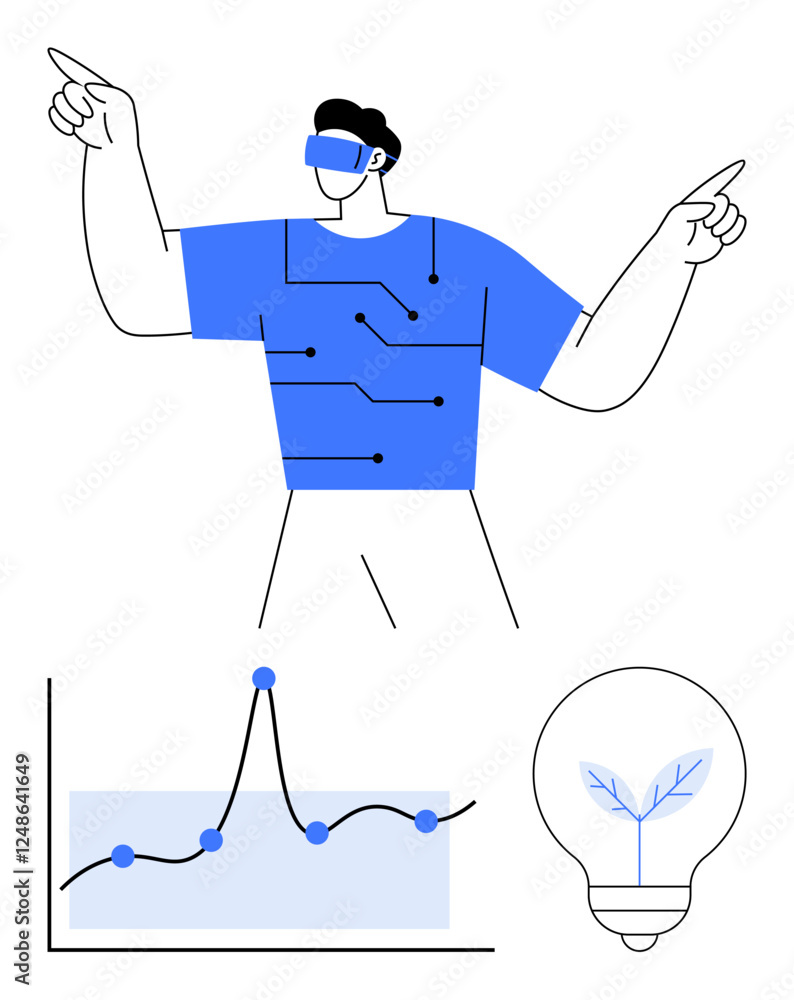 Fototapeta premium Man wearing virtual reality headset with circuit design upward graph lightbulb plant. Ideal for tech innovation, sustainability, growth, virtual reality, future, progress, creativity. Line metaphor
