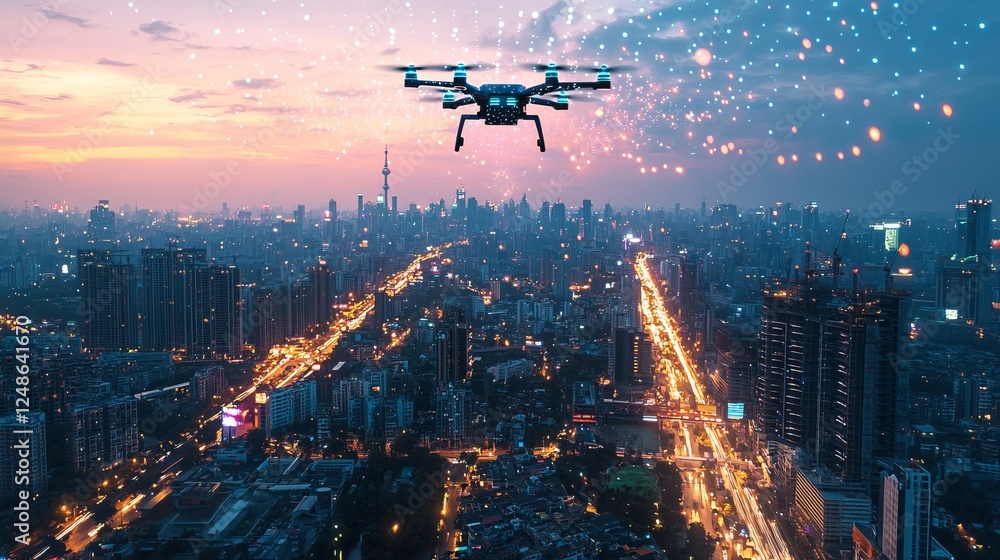 Aerial Drone Shot of a Vibrant Metropolis at Night: Skyscrapers, Traffic, and Construction in the Cityscape Aerial Drone Shot of a Vibrant Metropolis at Night: Skyscrapers, Traffic, and Construction in the Cityscape