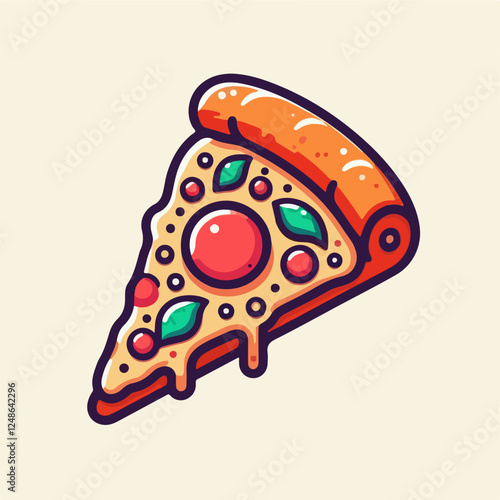 Pizza Slice Delight: A delectable illustration of a pizza slice, dripping with melted cheese and adorned with vibrant toppings, in a playful and cartoonish style.