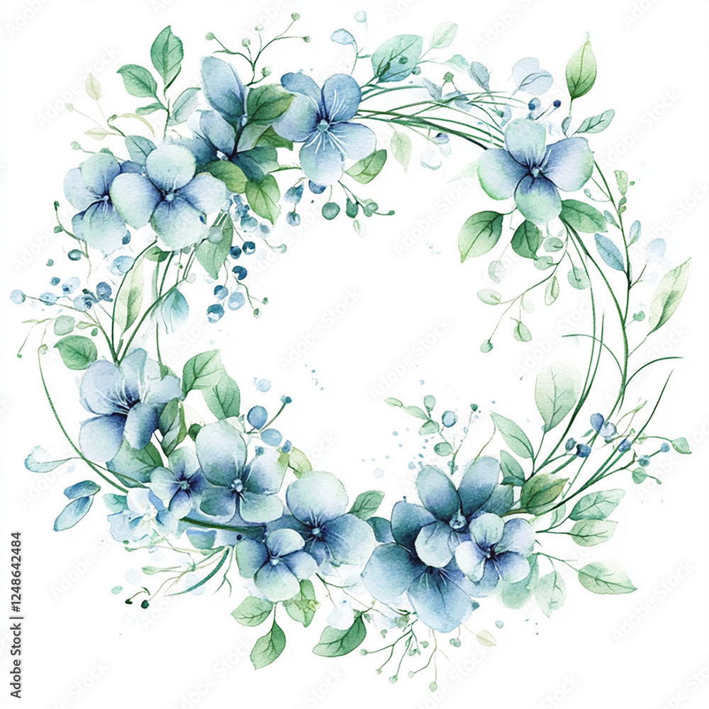 Obraz premium blue green round watercolor frame on white background. Tender floral arrangement for wedding design