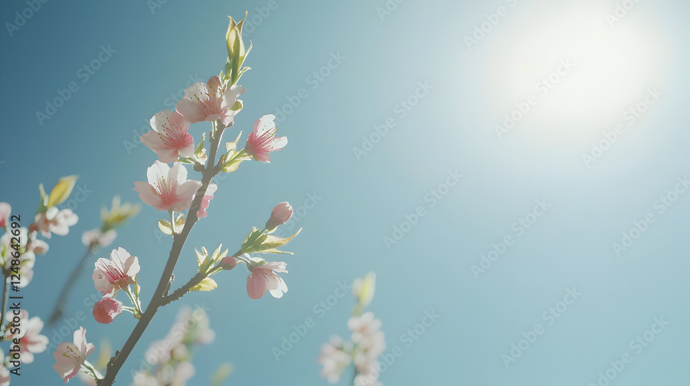 delicate cherry blossom branch bathed in warm sunlight against clear blue sky. soft pink petals and fresh green leaves capture the essence of spring, renewal, natural beauty. bright sun delicate cherry blossom branch bathed in warm sunlight against clear blue sky. soft pink petals and fresh green leaves capture the essence of spring, renewal, natural beauty. bright sun