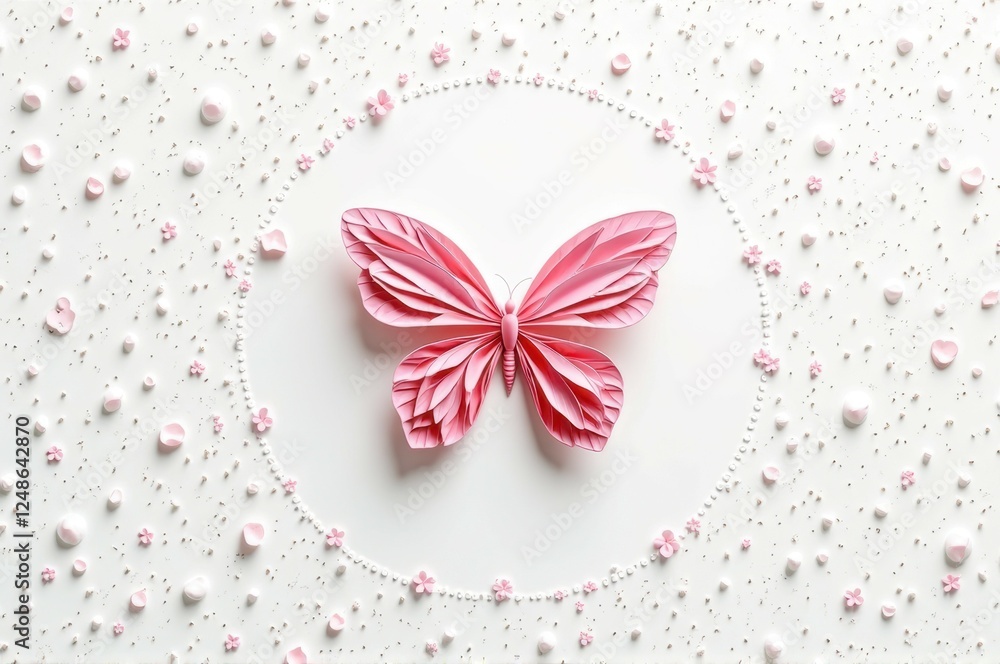 Pink paper butterfly on white background with floral decorations Pink paper butterfly on white background with floral decorations