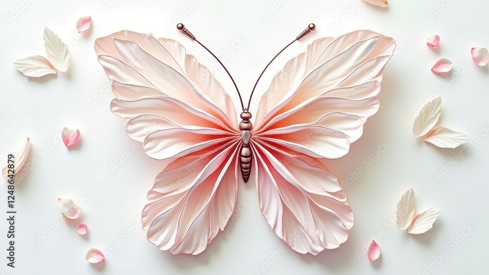Elegant pink and white paper butterfly surrounded by petals on white background Elegant pink and white paper butterfly surrounded by petals on white background