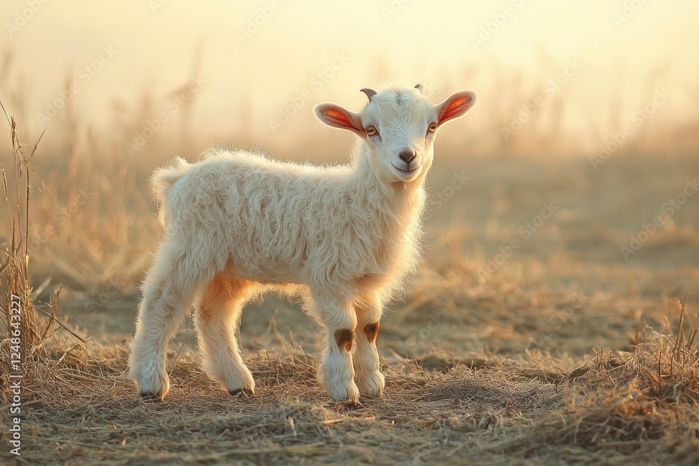 Fototapeta premium A playful young goat stands in a sunlit field, surrounded by golden grass, embodying the essence of rural life and nature's beauty