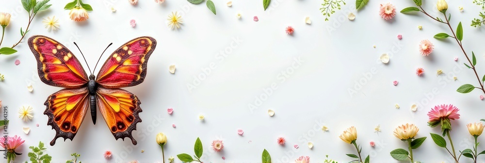 Fototapeta premium Colorful butterfly and spring flowers on white background