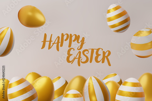3d render easter gold egg banner frame. Three-dimensional vector illustration. Greeting poster for celebration, springtime holiday, kids hunt or design for sale advertising. Modern seasonal template