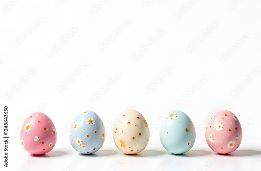 Easter eggs with floral pattern on white background, copy space concept, spring, festive, holiday design Easter eggs with floral pattern on white background, copy space concept, spring, festive, holiday design