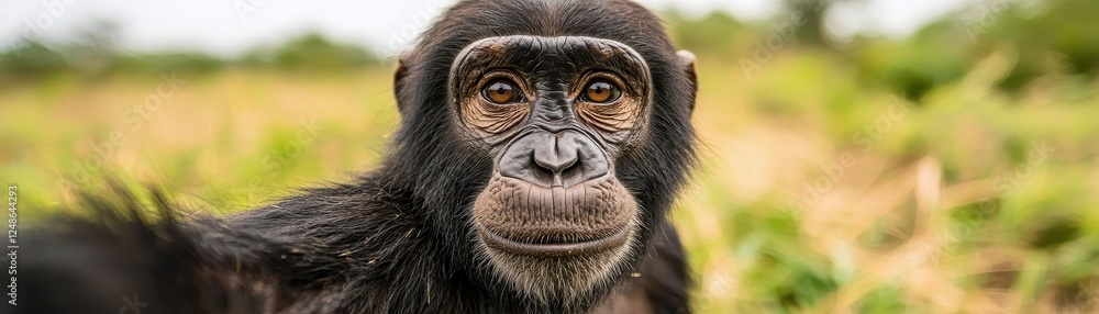 A close-up of a chimpanzee with expressive eyes, set against a natural background, showcasing its unique features and personality. A close-up of a chimpanzee with expressive eyes, set against a natural background, showcasing its unique features and personality.