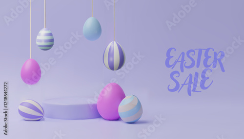 3d render easter pastel podium, egg banner. Three-dimensional vector illustration. Greeting poster celebration, springtime holiday, kids hunt or design for sale advertising. Modern seasonal template