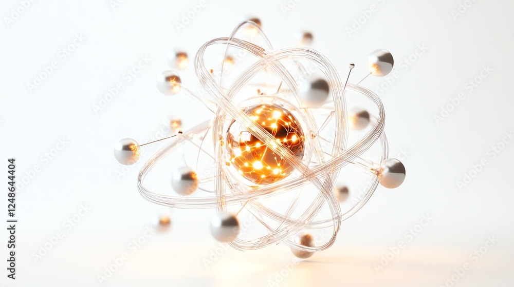 3D model of an atom with glowing particles on a white isolated background. 3D model of an atom with glowing particles on a white isolated background.