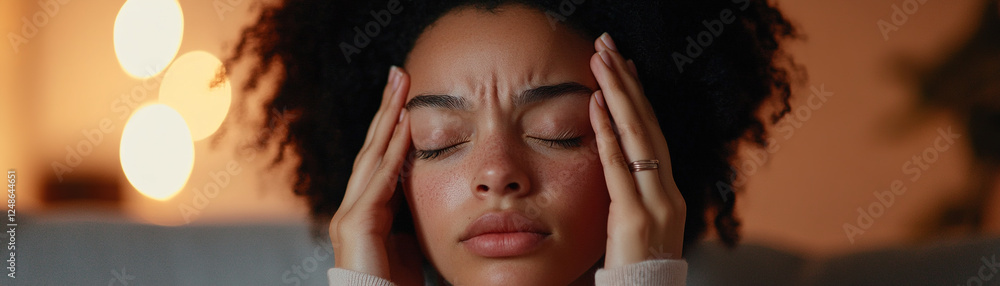 A woman sits on a couch, gently pressing her fingertips against her temples. Her eyes are closed in discomfort, surrounded by a softly blurred warm-lit background that suggests a cozy atmosphere A woman sits on a couch, gently pressing her fingertips against her temples. Her eyes are closed in discomfort, surrounded by a softly blurred warm-lit background that suggests a cozy atmosphere